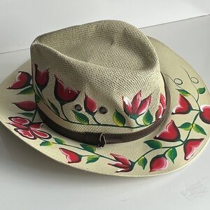 Tiara Beige Hat with Red Floral Design
